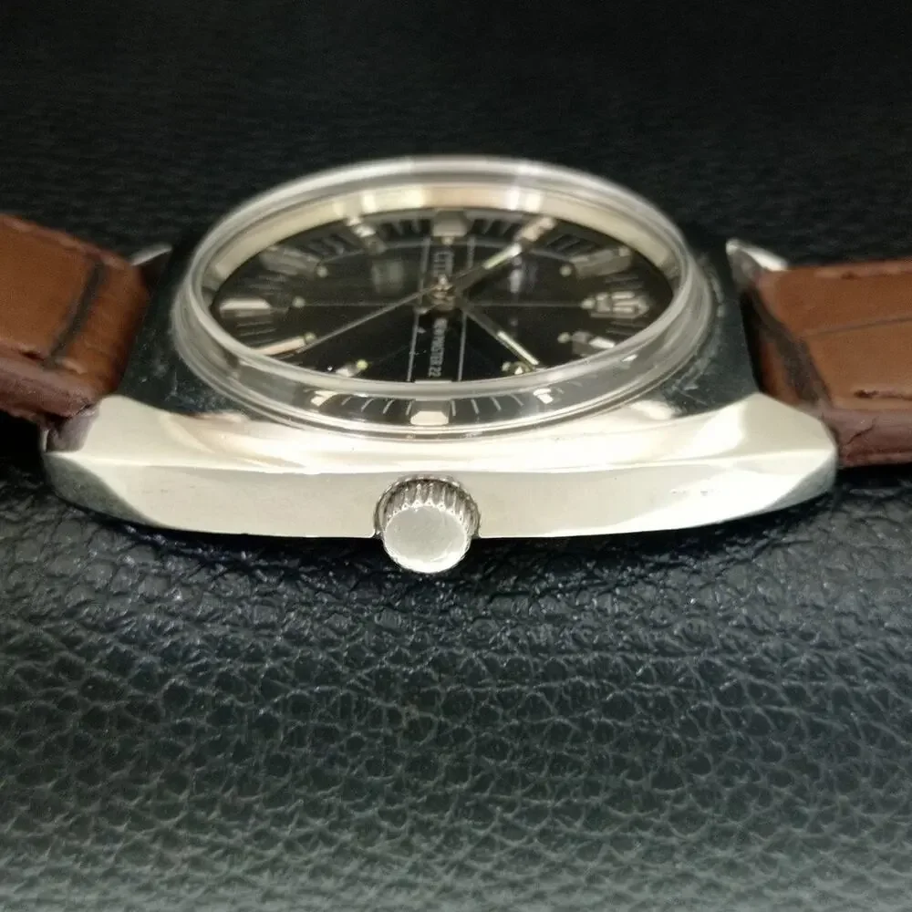 Vintage 1973 Citizen Manual Wound Mens Silver Watch & Black accents